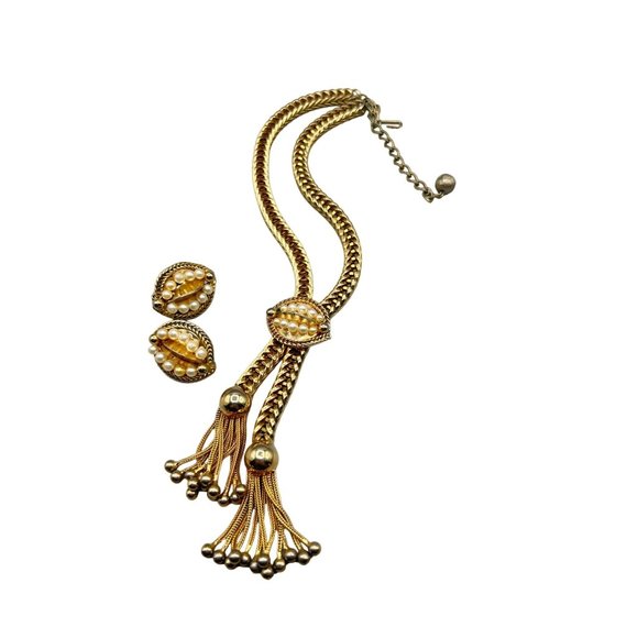 Vintage Signed HOBE Necklace & Earrings Set Thick Chain Tassel Gold Tone Pearls
